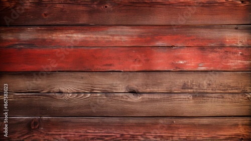 Rustic wooden planks featuring a mix of red and brown tones, with a distinctly weathered texture and visible woodgrain, ideal for adding a rustic touch.