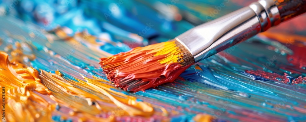 Fototapeta premium Paintbrush on Palette with Colorful Acrylics