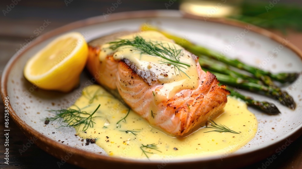 Salmon dish with asparagus lemon dill and hollandaise on ceramic plate Salmon dish with asparagus lemon dill and hollandaise on ceramic plate