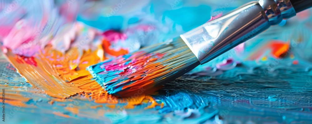 Fototapeta premium Close Up of Paintbrush on a Palette of Vibrant Colors