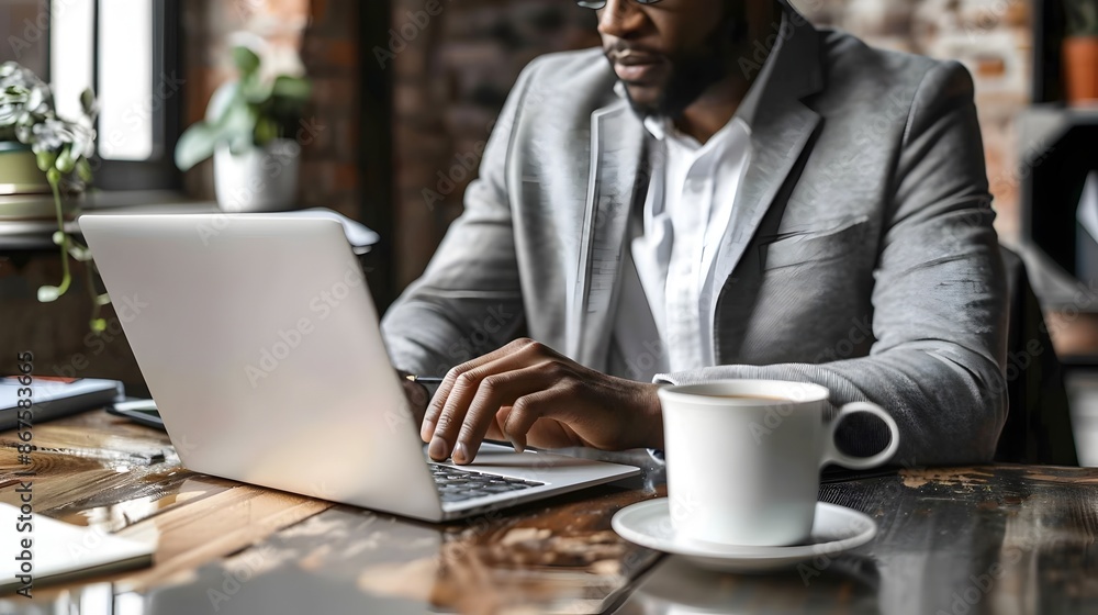 Focused Businessman Working on Laptop at Desk in Modern Office Focused Businessman Working on Laptop at Desk in Modern Office