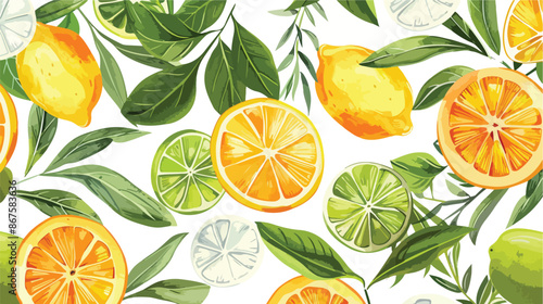 Citrus sketch pattern. Natural lemon orange leaves