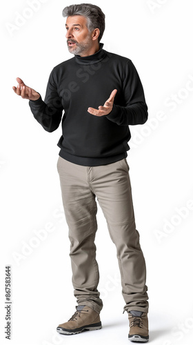 Man telling a story standing up, white background