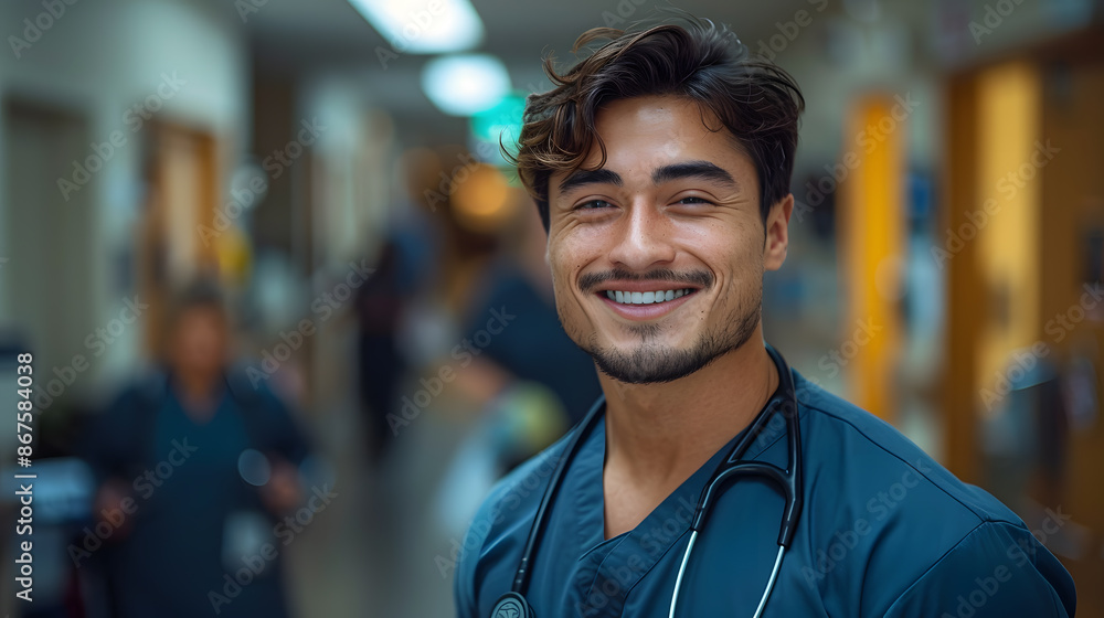 Fototapeta premium Nurse, hospital employee and portrait healthcare, wellness and clinic feeling proud. Happy, smile and doctor in a medical facility with happiness from workplace vision and success