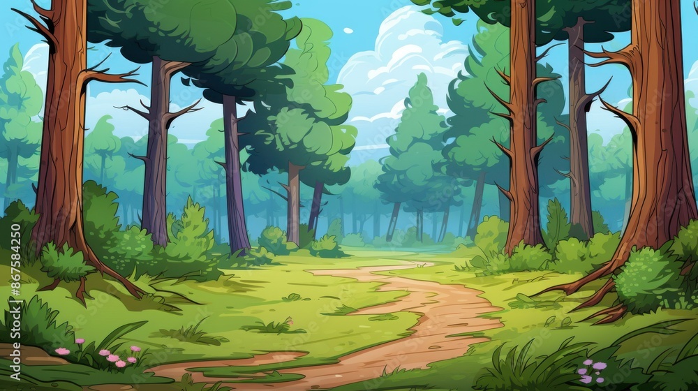 Fototapeta premium Cartoon forest landscape with path, trees, and blue sky. Concept of nature, outdoors, environment, and tranquility.