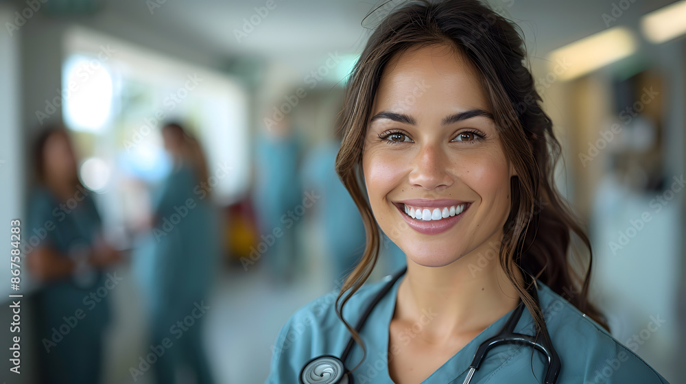 Fototapeta premium Nurse, hospital employee and portrait healthcare, wellness and clinic feeling proud. Happy, smile and doctor in a medical facility with happiness from workplace vision and success