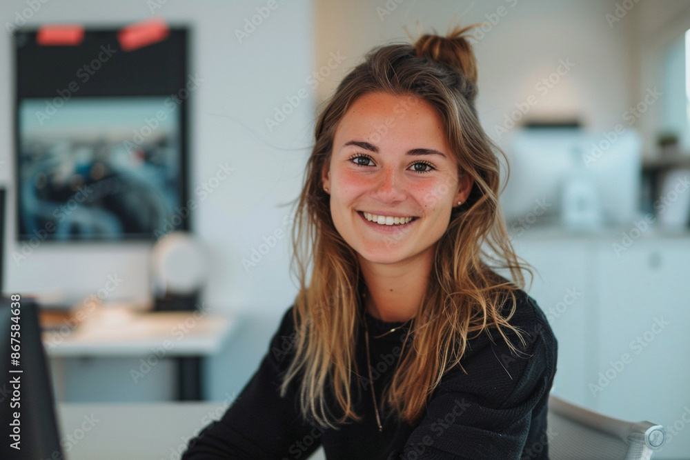 Portrait of beautiful young woman smiling at camera while sitting in the kitchen at home Portrait of beautiful young woman smiling at camera while sitting in the kitchen at home