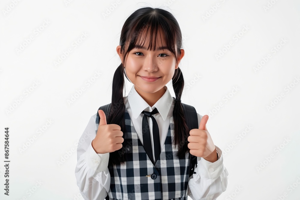 Asian girl in school uniform giving thumbs up. Asian girl in school uniform giving thumbs up.