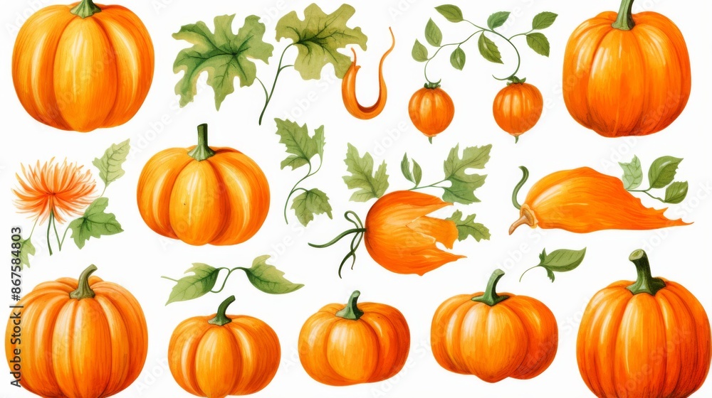An artistic representation of an assortment of pumpkins and vibrant leaves, showcasing the diverse shapes and sizes found in nature, ideal for decorative purposes. An artistic representation of an assortment of pumpkins and vibrant leaves, showcasing the diverse shapes and sizes found in nature, ideal for decorative purposes.