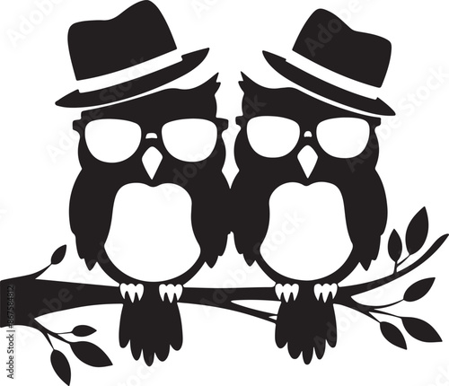 Vector illustration of two owls wearing sunglasses and stylish hats photo