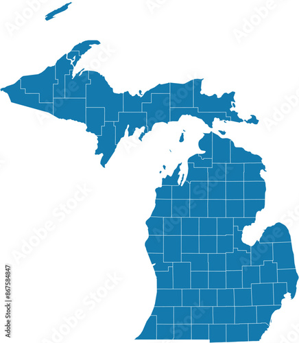 Editable vector file of the counties that make up the state of Michigan, located in the United States.