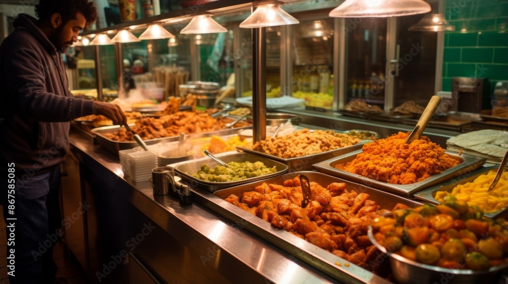 Image shows a person serving food from a buffet that features a wide variety of dishes, emphasizing the abundance and diverse selection of hot, freshly cooked food available. Image shows a person serving food from a buffet that features a wide variety of dishes, emphasizing the abundance and diverse selection of hot, freshly cooked food available.
