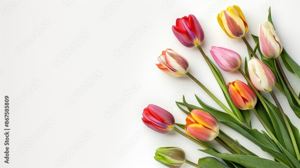 Fresh tulips bouquet on white background with text sample Fresh tulips bouquet on white background with text sample