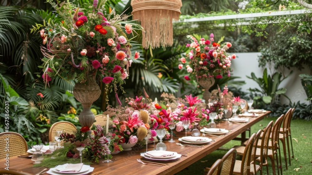 Elegant garden party setup with stylish decor and floral arrangements AI generated Elegant garden party setup with stylish decor and floral arrangements AI generated