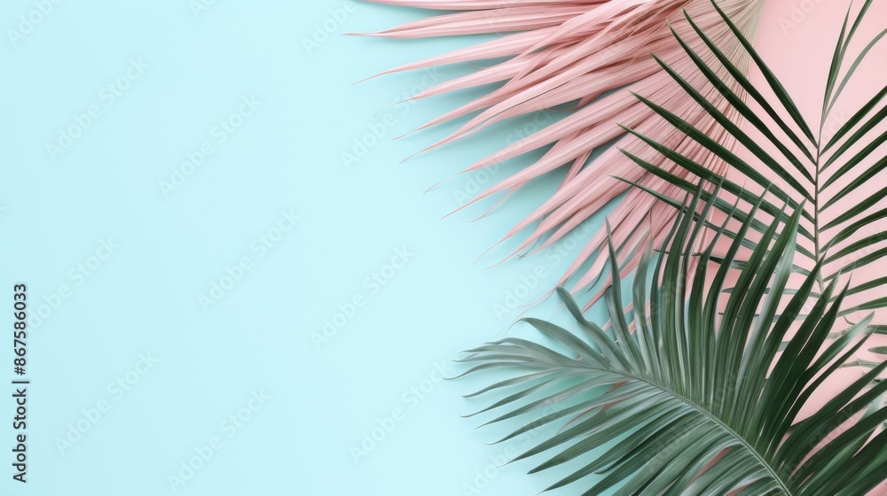 Obraz premium An artistic arrangement of pink and green palm leaves on a pastel gradient background, blending soft blue and pink hues, creating a visually appealing art piece.
