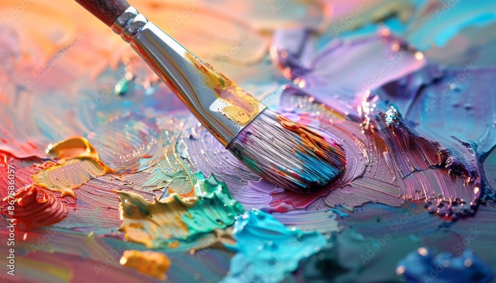 Fototapeta premium Paintbrush on Palette with Vibrant Colors