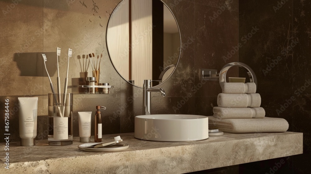 A luxurious bathroom setting with a beige stone countertop, an elegant porcelain sink, and a large mirror. Skincare products and a toothbrush set are displayed in a refined glass vase. A luxurious bathroom setting with a beige stone countertop, an elegant porcelain sink, and a large mirror. Skincare products and a toothbrush set are displayed in a refined glass vase.