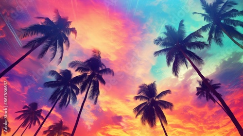 A stunning sunset with vivid hues and palm trees silhouetted against a colorful sky, evoking feelings of peace and tropical beauty.