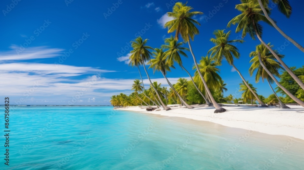 An exotic tropical shore featuring leaning palm trees and clear, turquoise sea under a bright blue sky, perfect for a tranquil escape. An exotic tropical shore featuring leaning palm trees and clear, turquoise sea under a bright blue sky, perfect for a tranquil escape.