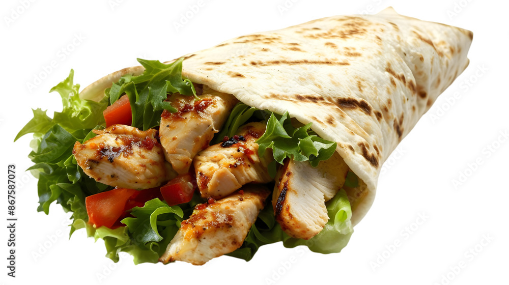 A freshly made chicken kebab wrap, with a peek of golden grilled chicken and fresh greens, presented on a transparent background A freshly made chicken kebab wrap, with a peek of golden grilled chicken and fresh greens, presented on a transparent background