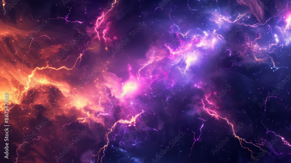 Dynamic electric energy lighting bolt coursing through a cosmic nebula background, vibrant and glowing. Dynamic electric energy lighting bolt coursing through a cosmic nebula background, vibrant and glowing.