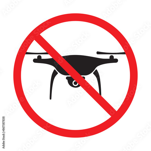 No drone zone sign flights with drone prohibited, icon vector. A no-go zone sign for drones . Flat design drone icon with action camera. Drone flying is forbidden. Isolated vector illustration.