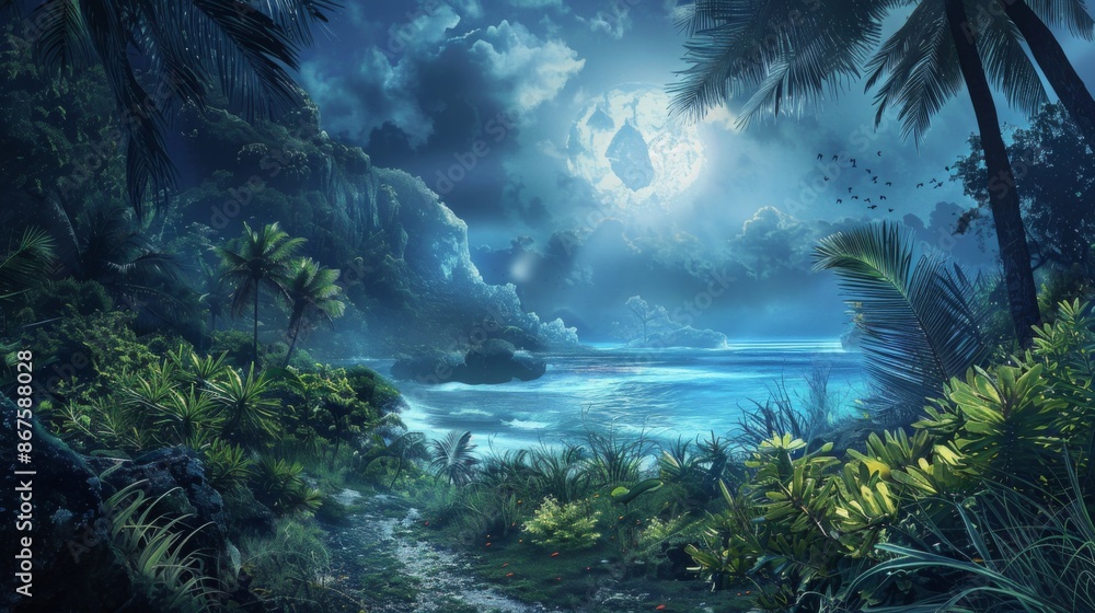 A captivating night scene in a tropical paradise with lush vegetation and a calm sea under moonlight, evoking peace, serenity, and the beauty of nature in its untouched form. A captivating night scene in a tropical paradise with lush vegetation and a calm sea under moonlight, evoking peace, serenity, and the beauty of nature in its untouched form.
