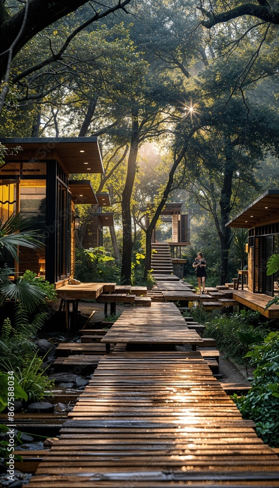 a wooden walkway in the middle of a forest a wooden walkway in the middle of a forest