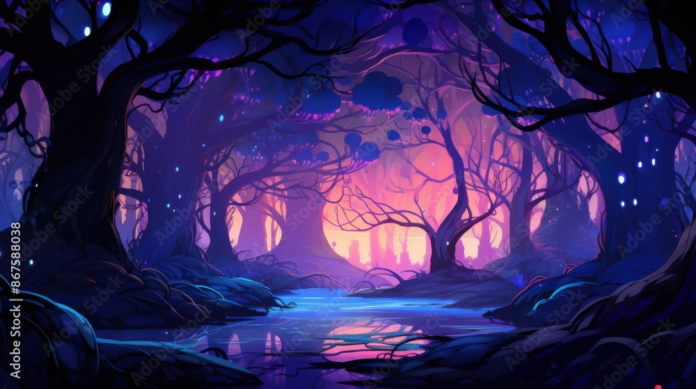 Enchanted Forest at Twilight. Glowing River with Magical Purple and Pink Sky Enchanted Forest at Twilight. Glowing River with Magical Purple and Pink Sky