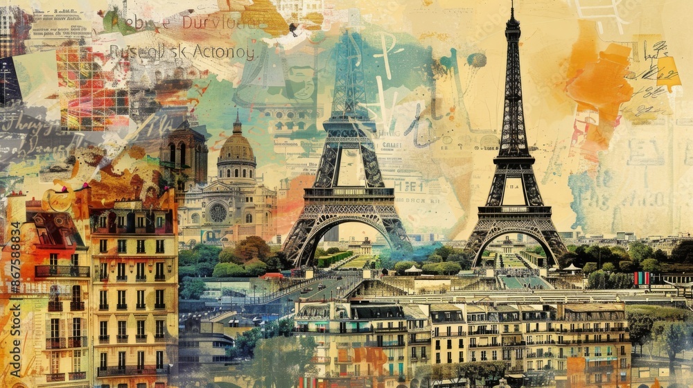 A vibrant collage showcasing iconic Parisian landmarks, including the Eiffel Tower and various buildings, juxtaposed with artistic scribbles and textures.