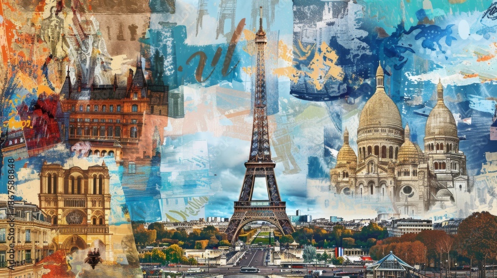 An artistic collage featuring the Eiffel Tower surrounded by various Parisian landmarks, painted with vibrant colors, capturing the essence of Paris through art.