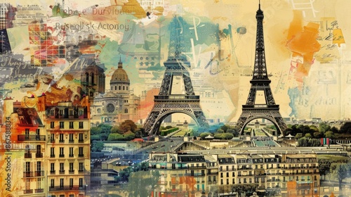 Obraz na płótnie A vibrant collage showcasing iconic Parisian landmarks, including the Eiffel Tower and various buildings, juxtaposed with artistic scribbles and textures. w salonie