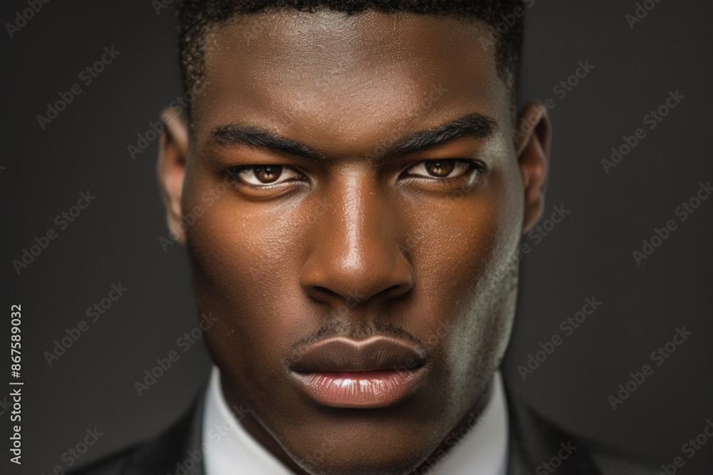 Close-up portrait of a young man of African descent, studio photo, against a sleek gray studio backdrop Close-up portrait of a young man of African descent, studio photo, against a sleek gray studio backdrop