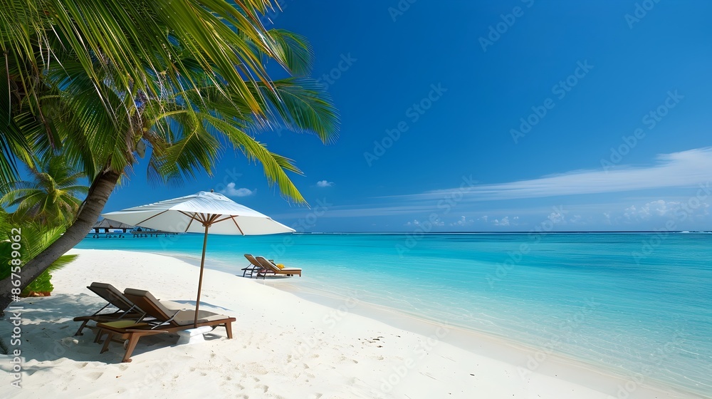 Fototapeta premium Tropical Beach Paradise with Swaying Palm Trees and Turquoise Ocean