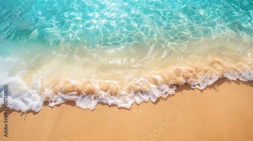 Shimmering turquoise waters washing up on a golden sandy beach. © Faisu