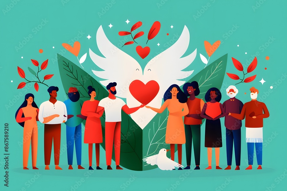 Diverse group standing united with love, peace, and harmony symbolized by hearts and doves Diverse group standing united with love, peace, and harmony symbolized by hearts and doves