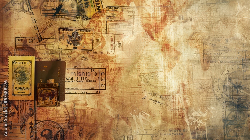 Obraz premium An artistic collage showcasing various vintage travel stamps, maps, and ephemera, presenting an abstract concept of adventure and nostalgia with sepia-toned textures.