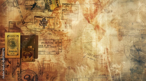 An artistic collage showcasing various vintage travel stamps, maps, and ephemera, presenting an abstract concept of adventure and nostalgia with sepia-toned textures.