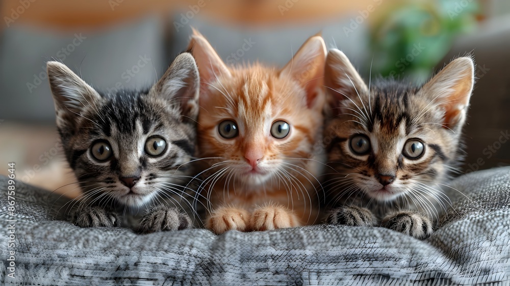Three Adorable Kittens Peeking Out From Couch in Living Room Three Adorable Kittens Peeking Out From Couch in Living Room