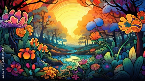 Vibrant Fantasy Landscape with River, Forest, and Flowers. Colorful Nature Illustration