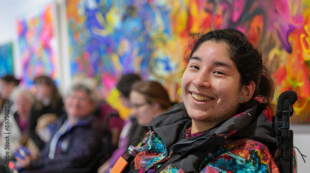 an artist with a disability showcasing their work at an art fair, with a diverse group of admirers. an artist with a disability showcasing their work at an art fair, with a diverse group of admirers.