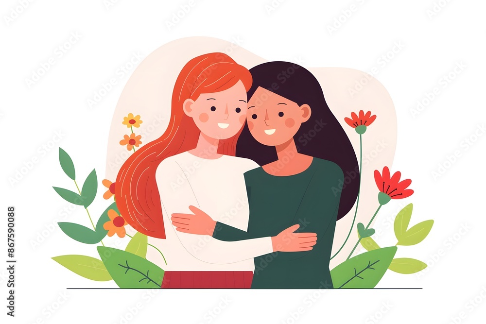 Two women share a warm embrace surrounded by colorful flowers, symbolizing friendship and happiness. Two women share a warm embrace surrounded by colorful flowers, symbolizing friendship and happiness.