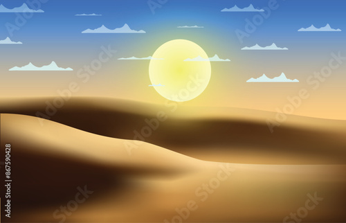 sunny desert landscape, where the sands shine under the sun and clouds in the sky