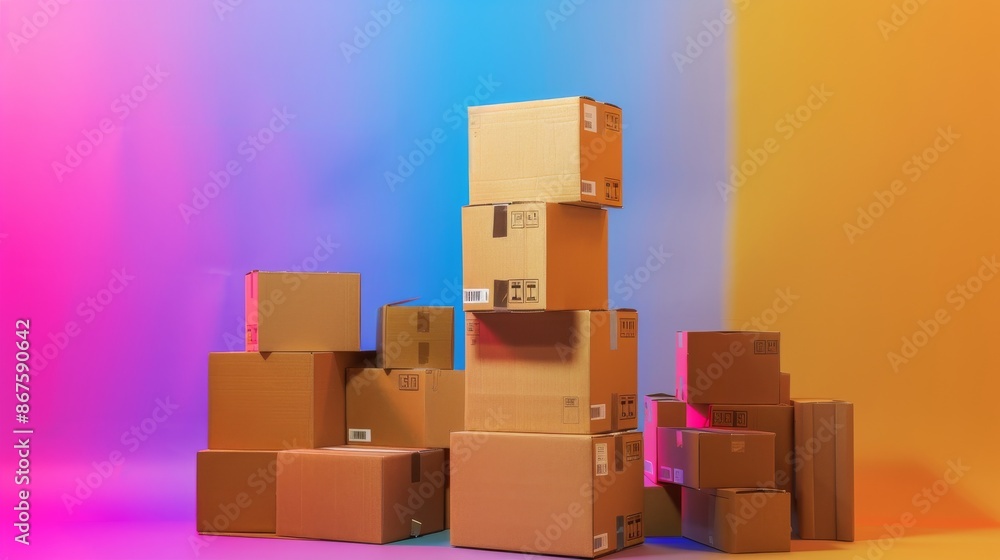 Stacked cardboard boxes on colorful gradient background. Logistics and shipping concept Stacked cardboard boxes on colorful gradient background. Logistics and shipping concept