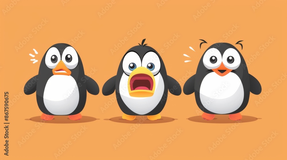 Naklejka premium This image shows three cartoon penguins using expressive facial features and body language, showcasing different emotions in a playful and fun manner.