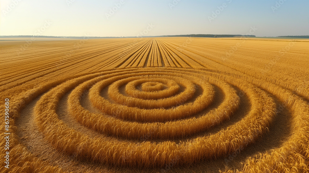 A telephoto angle shot of intricate crop circles in a golden wheat field, with the patterns creating a mesmerizing geometric design, environmental scientists, engineers, activists A telephoto angle shot of intricate crop circles in a golden wheat field, with the patterns creating a mesmerizing geometric design, environmental scientists, engineers, activists