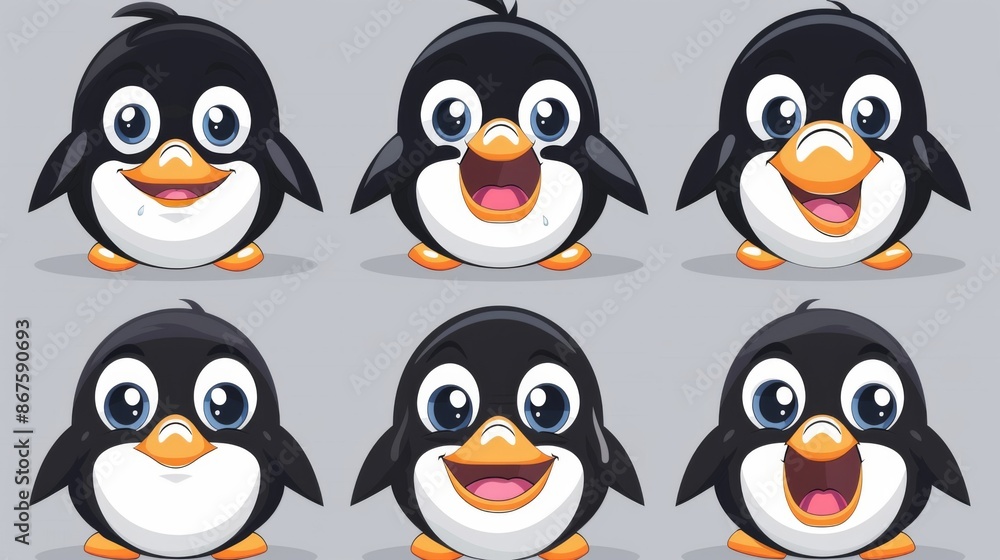 This image features six cartoon penguins with joyful expressions, each showing their unique personality in a delightful and colorful artistic style, perfect for children. This image features six cartoon penguins with joyful expressions, each showing their unique personality in a delightful and colorful artistic style, perfect for children.