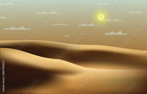 sunny desert landscape, where the sands shine under the sun and clouds in the sky