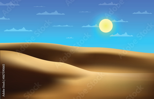 sunny desert landscape, where the sands shine under the sun and clouds in the sky