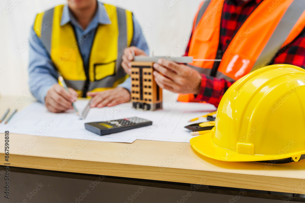 Two men, including a male Asian construction contractor engineer, discuss structural plans and engineering concrete columns and beams of a new house at a desk with a building tower model. Two men, including a male Asian construction contractor engineer, discuss structural plans and engineering concrete columns and beams of a new house at a desk with a building tower model.